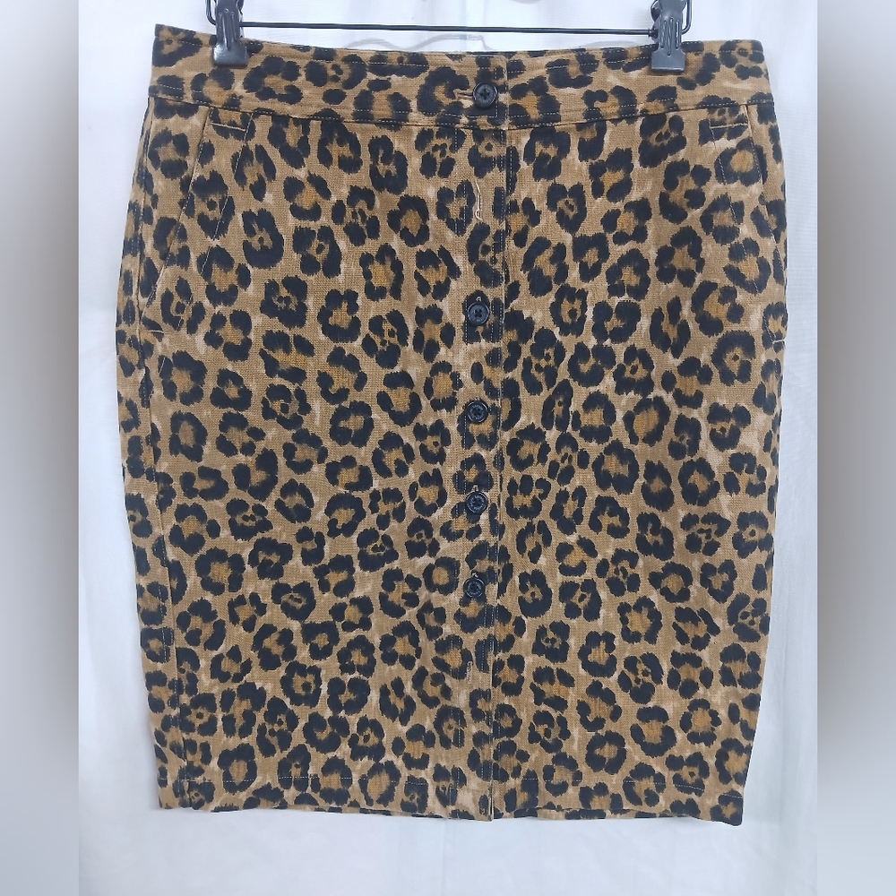 Lauren Ralph Lauren Leopard Print Pencil Skirt Size 10 Linen Cotton Button Front
